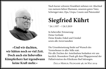 Traueranzeige von Siegfried Kührt von Südthüringer Presse