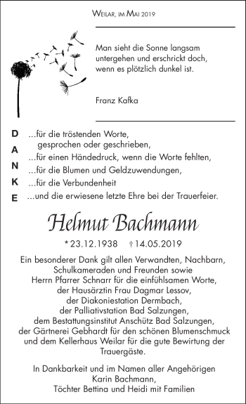 Traueranzeige von Helmut Bachmann von Südthüringer Presse