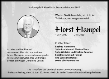 Traueranzeige von Horst Hampel von Südthüringer Presse