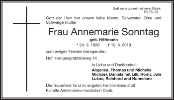 Traueranzeige von Annemarie Sonntag von Frankenpost