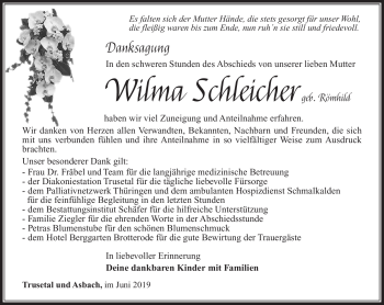 Traueranzeige von Wilma Schleicher von Südthüringer Presse