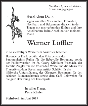 Traueranzeige von Werner Löffler von Südthüringer Presse