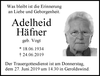 Traueranzeige von Adelheid Häfner von Neue Presse Coburg