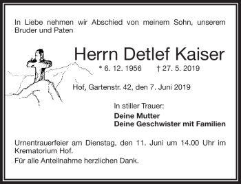 Traueranzeige von Detlef Kaiser von Frankenpost