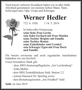 Traueranzeige von Werner Hedler von Südthüringer Presse