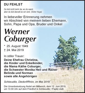 Traueranzeige von Werner Coburger von Südthüringer Presse