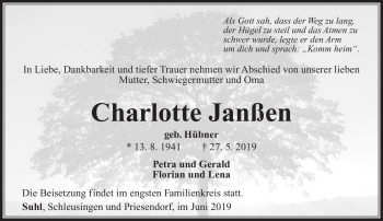 Traueranzeige von Charlotte Janßen von Südthüringer Presse