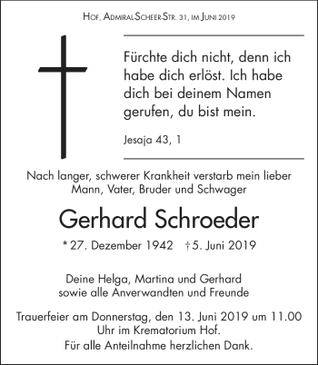 Traueranzeige von Gerhard Schroeder von Frankenpost