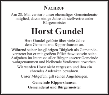 Traueranzeige von Horst Gundel von Südthüringer Presse