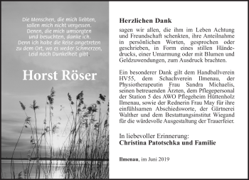 Traueranzeige von Horst Röser von Südthüringer Presse