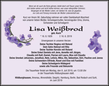 Traueranzeige von Lisa Weißbrod von Südthüringer Presse