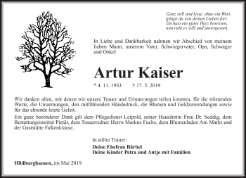 Traueranzeige von Artur Kaiser von Südthüringer Presse