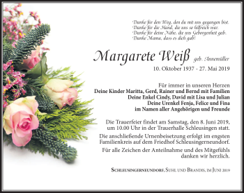 Traueranzeige von Margarete Weiß von Südthüringer Presse