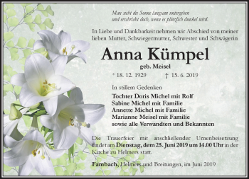 Traueranzeige von Anna Kümpel von Südthüringer Presse