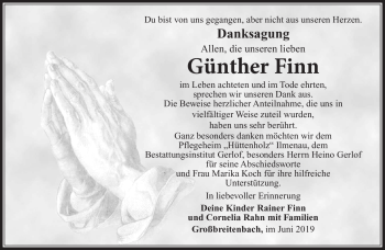 Traueranzeige von Günther Finn von Südthüringer Presse