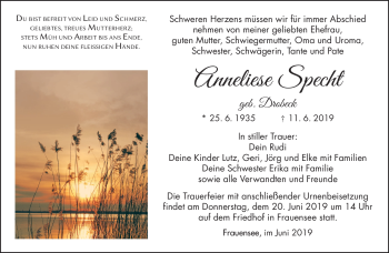 Traueranzeige von Anneliese Specht von Südthüringer Presse