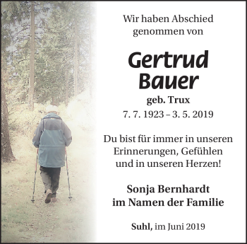 Traueranzeige von Gertrud Bauer von Südthüringer Presse