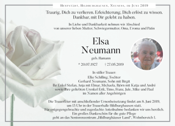 Traueranzeige von Elsa Hamann von Südthüringer Presse