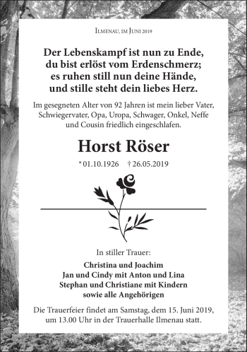 Traueranzeige von Horst Röser von Südthüringer Presse