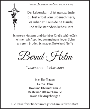 Traueranzeige von Bernd Helm von Südthüringer Presse
