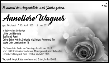 Traueranzeige von Anneliese Wagner von Südthüringer Presse