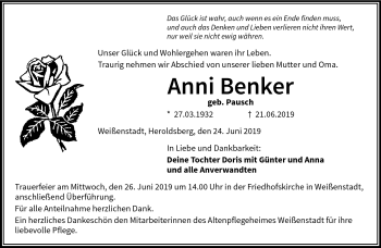 Traueranzeige von Anni Benker von Frankenpost