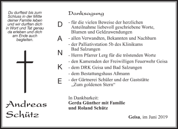 Traueranzeige von Andreas Schütz von Südthüringer Presse