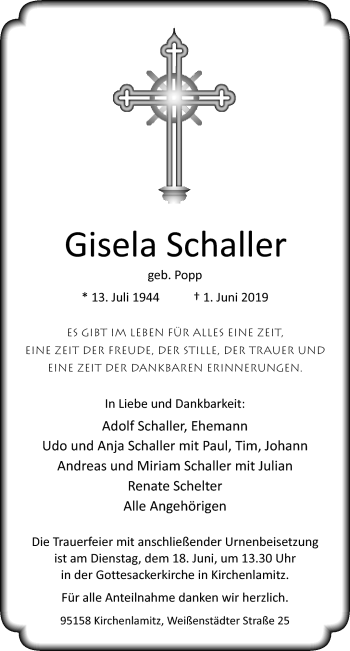 Traueranzeige von Gisela Schaller von Frankenpost