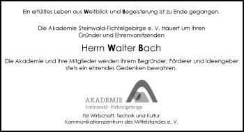 Traueranzeige von Walter Bach von Frankenpost