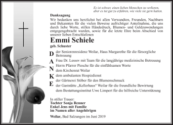 Traueranzeige von Emmi Schiele von Südthüringer Presse