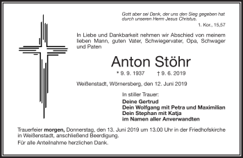 Traueranzeige von Anton Stöhr von Frankenpost