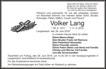 Traueranzeige von Volker Lang von Frankenpost