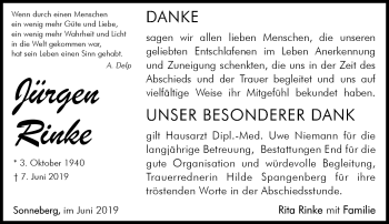 Traueranzeige von Jürgen Rinke von Südthüringer Presse