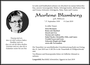 Traueranzeige von Marlene Blamberg von Südthüringer Presse