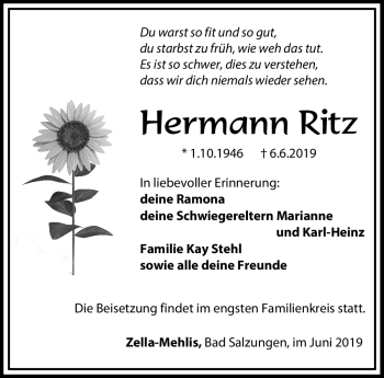 Traueranzeige von Hermann Ritz von Südthüringer Presse