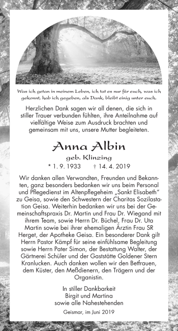 Traueranzeige von Anna Albin von Südthüringer Presse