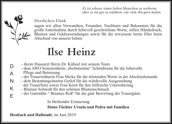 Traueranzeige von Ilse Heinz von Südthüringer Presse