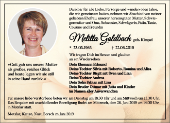 Traueranzeige von Melitta Goldbach von Südthüringer Presse