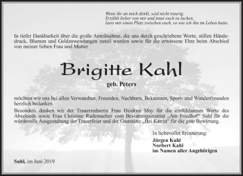 Traueranzeige von Brigitte Kahl von Südthüringer Presse