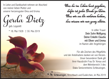 Traueranzeige von Gerda Dietz von Südthüringer Presse