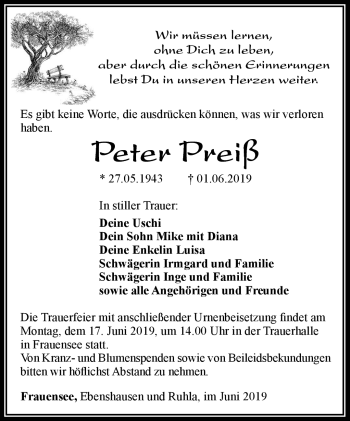 Traueranzeige von Peter Preiß von Südthüringer Presse