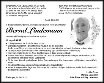 Traueranzeige von Bernd Lindemann von Südthüringer Presse
