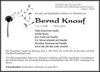 Traueranzeige von Knauf Bernd von Südthüringer Presse
