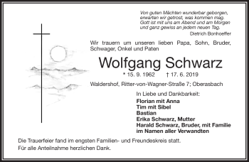 Traueranzeige von Wolfgang Schwarz von Frankenpost