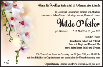 Traueranzeige von Hilde Pfeifer von Südthüringer Presse