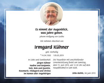 Traueranzeige von Irmgard Kühner von Südthüringer Presse