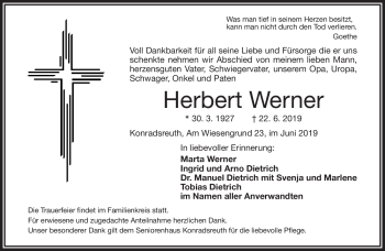 Traueranzeige von Herbert Werner von Frankenpost