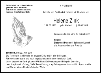 Traueranzeige von Helene Zink von Neue Presse Coburg
