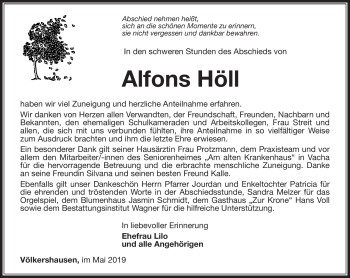 Traueranzeige von Alfons Höll von Südthüringer Presse