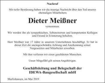 Traueranzeige von Dieter Meißner von Südthüringer Presse